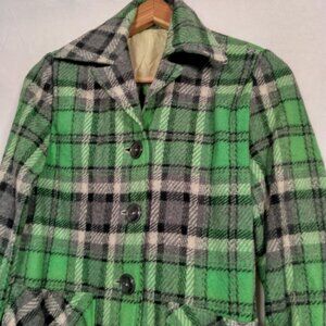 Vintage Womens Coat Small Shirt Jacket Wool blend Green Black Plaid 1950s 1960s